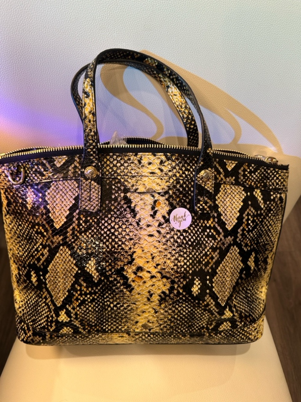 Henri Bendel W 57th Uptown Satchel Python Embossed yellow and black leather NWOT - Picture 7 of 11